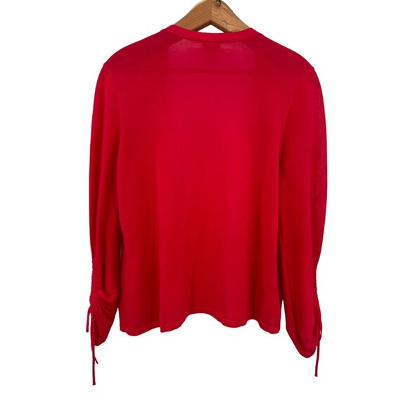 Chico's Ruched-Sleeve Cardigan Size 0 4 Vibrant Berry Red 3/4 Sleeve Open Front - Picture 3 of 6